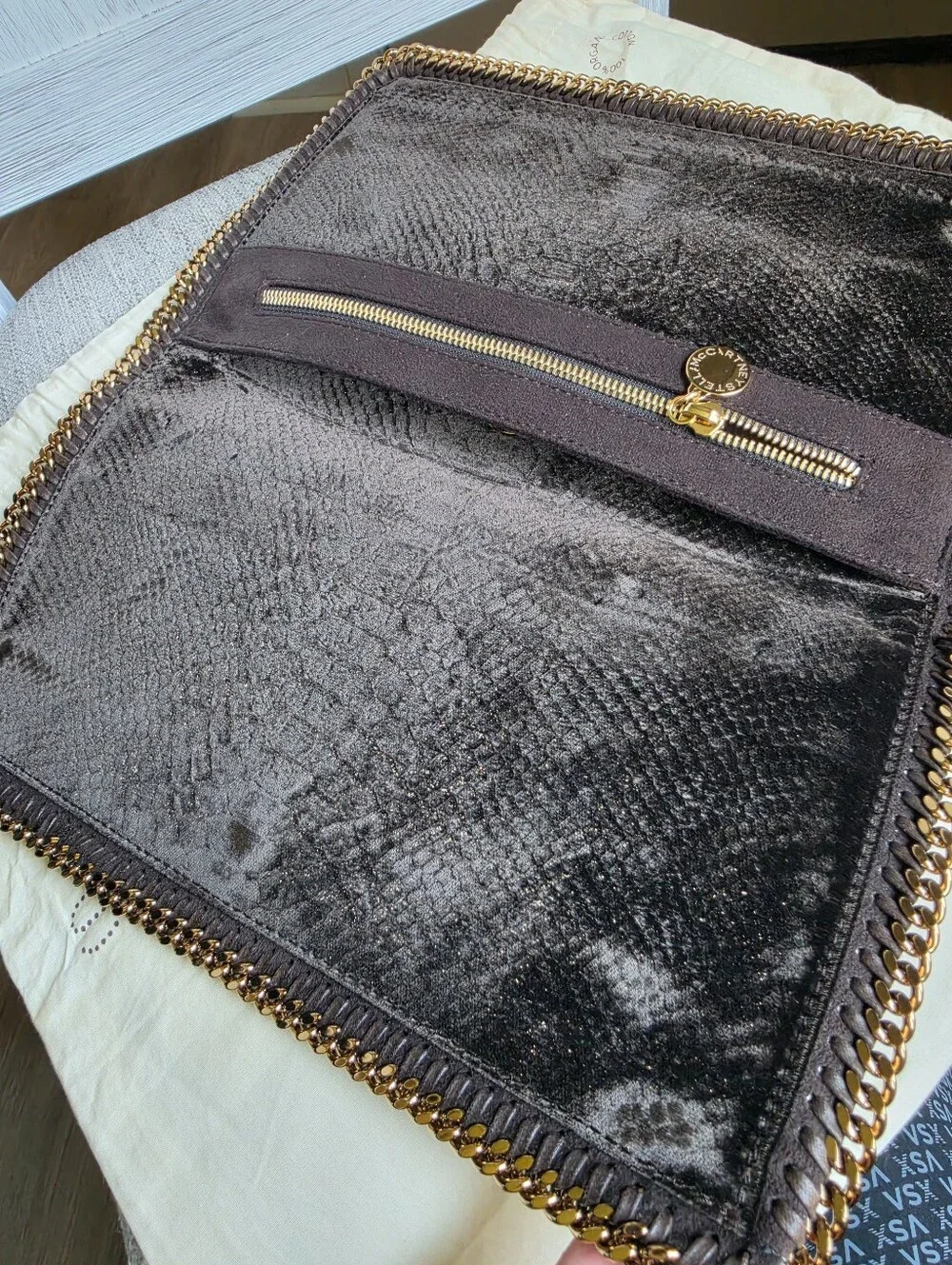 Stella McCartney Black Faux-Snake Foldover Chain Clutch with Gold Trim